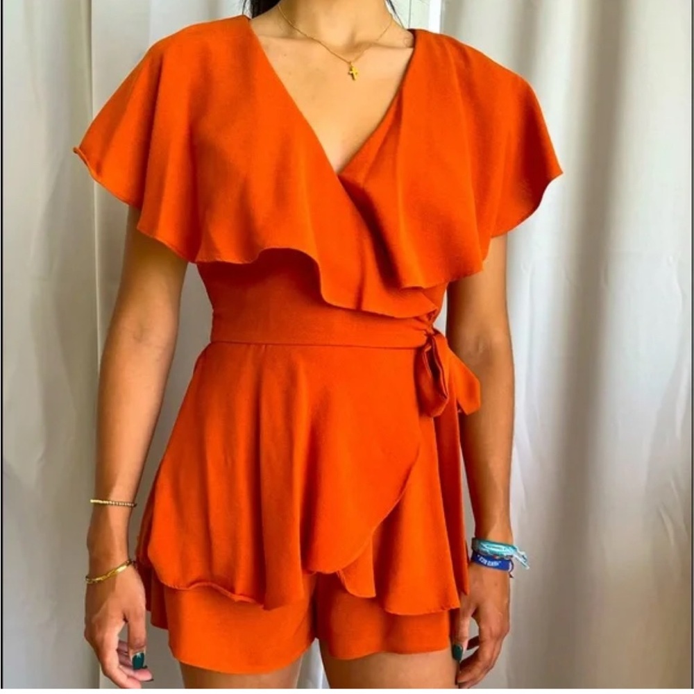 DO + BE Orange Ruffle Wrap Romper NWT